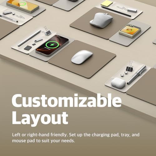 POUT H3 SplitMax 3-in-1 Wireless Charging Mouse Pad – Fast Qi Charger, Mousepad Mat, and Magnetic Tray Organizer – Compatible with Smartphones and Earbuds (Palette Cream)