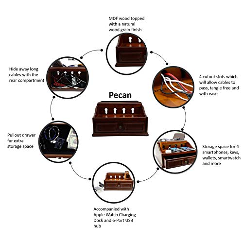 Pecan Brown Wooden Multi-Device Charging Station and Valet