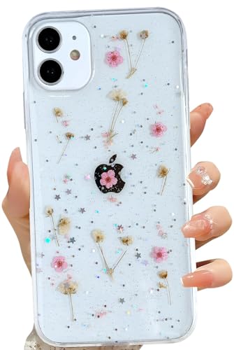 LSEEKA for iPhone 11 Clear Case with Pressed Real Flowers Design,Glitter Cute Pink Floral Pattern Slim Soft TPU Protective Women Girl's Phone Cover for iPhone 11 - color: Pink, size: for iPhone 11