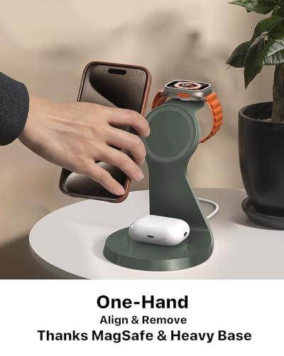 3 in 1 Charging Station for Apple Devices, Mag-Safe Charger Stand Fast Charging, Wireless Charger for iPhone 16/15/14/13/12 Series, & AirPods, & iWatch (USB-C Charger Included) - color: Green