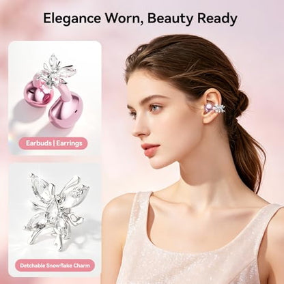Clip On Earbuds with Detachable Butterfly Earrings & LED Makeup Mirror Case, Wireless Earbuds Bluetooth 6.0, Air Conduction Headphones, Lightweight for Travel Work Daily Use,Great Gift Choice - color: Blush Pink