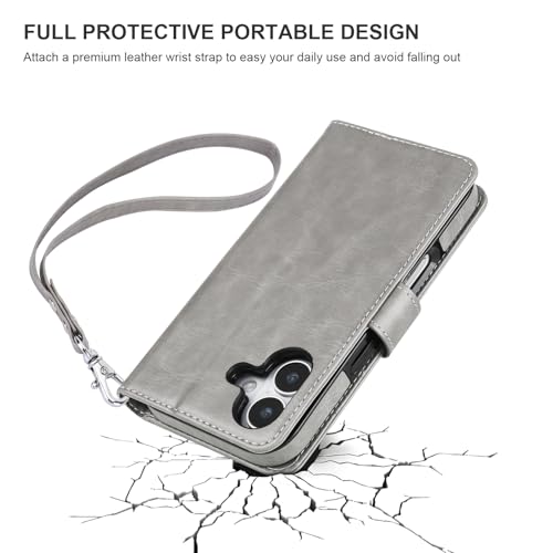 Bocasal Detachable Wallet Case Card Holder for iPhone 17, Grey | RFID Blocking Kickstand Card Slots Holder PU Leather Magnetic Shockproof Wrist Strap Removable Flip Protective Cover 6.3 inch - color: Gray