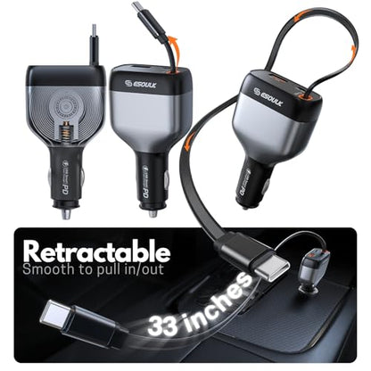 81W Retractable Car Charger, 45W USB-C Cable, 3-Port Fast Charger