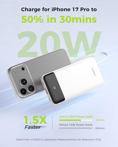 CHARCO Portable Charger Power Bank with Built in Cable 10000mAh - color: White
