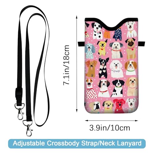 Neoprene Cell Phone Sleeve Pouch Case Bag with Crossbody Strap Neck Lanyard for Women 7.1 X 3.9 in Pink Dog - color: Pink Dog