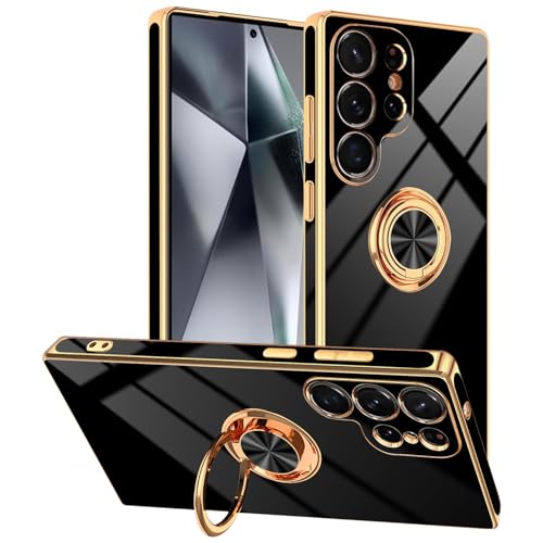 Black Designed for Samsung Galaxy S25 Ultra Case with Ring Stand | Support Magnetic Car Mount, 360° Rotatable Finger Holder, Soft TPU Cover Plating Edge, Protective Slim Kickstand Phone Case - color: Black, size: 6.9'' S25 Ultra
