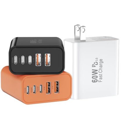 USB C Charger Block Fast Charging, 60W Phone Charger USBC Wall Plug Adapter - color: White+Black+Orange-3Pack