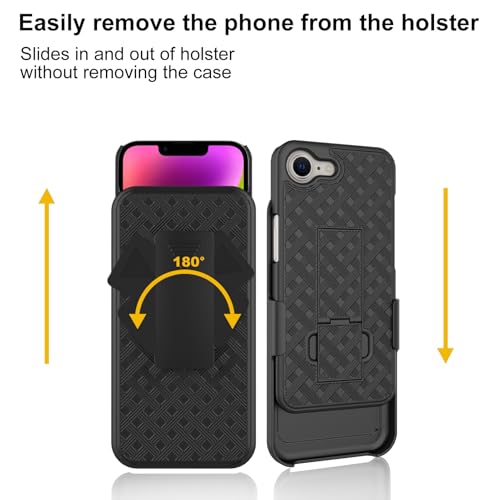 for iPhone 16e Belt Clip Case, Stand Holster Screen Protector-Black | Swivel Kickstand Holder, Slim Shell Slide Pouch Full Body Protective, Rugged Heavy Duty Shockproof Outdoor Cell Phone Cover - size: iPhone 16e