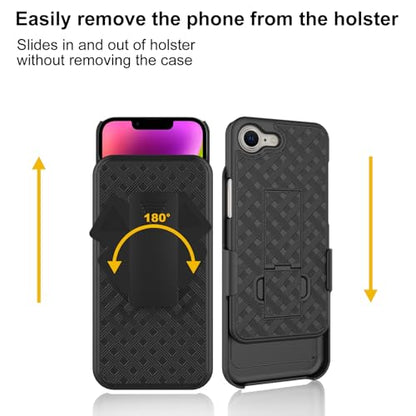 for iPhone 16e Belt Clip Case, Stand Holster Screen Protector-Black | Swivel Kickstand Holder, Slim Shell Slide Pouch Full Body Protective, Rugged Heavy Duty Shockproof Outdoor Cell Phone Cover - size: iPhone 16e