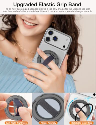 EWA MagOne Gen 3.5 [Compatible with MagSafe] Phone Grip Stand with Finger Strap, Removable Magnetic Ring Holder Kickstand Loop for iPhone 17,16,15,14,13,12 Series (Black) - color: Black