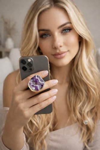 Grips by CRYSTALFY Crystal Phone Grip Holder & Expanding Kickstand-Natural Gemstone Swappable Top Accessory Compatible with iPhone, iPad, Kindle & Mobile Devices (Chevron Amethyst Gold, Adhesive) - color: Chevron Amethyst Gold, style: Adhesive