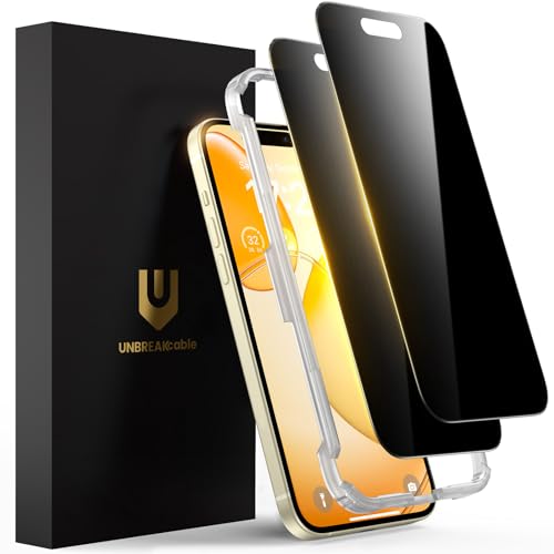 UNBREAKcable Privacy Screen Protector for iPhone 15, Full Coverage Shatterproof Tempered Glass [True 28°Anti Spy] [9H Hardness] [Easy Installation Frame] 2-Pack Private Screen for iPhone 15 - size: iPhone 15