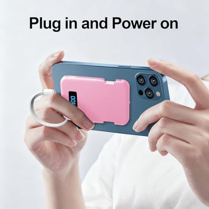 Ultra-Slim 5000mAh Portable Charger for iPhone & Android, Mini Power Bank with Built-in Cables (USB-C & iOS), 5V/2A Small External Battery Pack for iPhone 16/15/14/13, Samsung, Google – Pink