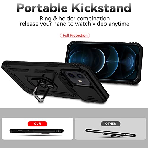 for iPhone 12 Mini Case with Camera Lens Cover HD Screen Protector, Dual Layer Military Grade Drop Protection Magnetic Ring Holder Kickstand Protective Phone Case for iPhone 12 Mini 5.4 inch (Black) - color: Black with camera cover Military-Grade 2nd gen