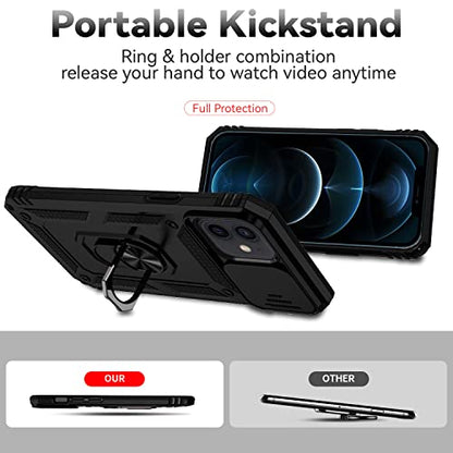 for iPhone 12 Mini Case with Camera Lens Cover HD Screen Protector, Dual Layer Military Grade Drop Protection Magnetic Ring Holder Kickstand Protective Phone Case for iPhone 12 Mini 5.4 inch (Black) - color: Black with camera cover Military-Grade 2nd gen