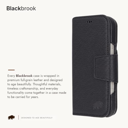 BLACKBROOK Detachable Leather Wallet Case Compatible with iPhone Air | Full-grain detachable folio with RFID blocking, 3 card slots, ID window, built-in kickstand, wireless charging, handcrafted. - color: Pebble Black, size: iPhone 17 Air