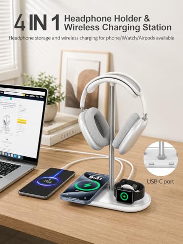 Headphone Stand with Wireless Charger, Holder for Airpods Max/iPhone/iWatch - color: Cream White