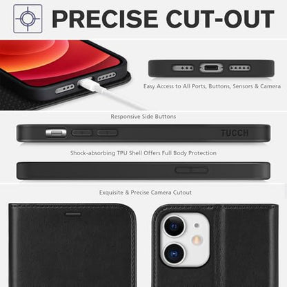 TUCCH Wallet Case for iPhone 12 Pro/12 6.1", 3 Card Holders, Black & White | RFID Blocking, Viewing Stand, Shockproof TPU Shell, PU Leather, Magnetic Closure, Protective Folio Flip Cover - color: Black & White