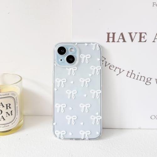 NITITOP Compatible with iPhone 15 Plus Case Clear Cute Bow Ribbon Love Heart Pattern for Women Girls Bowknot Full Camera Lens Soft TPU Slim Shockproof Protective Cover - White - color: White, size: iPhone 15 Plus
