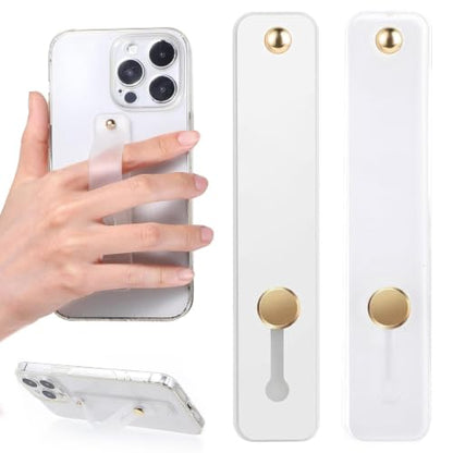 2 Pack Silicone Phone Grips with Stand, Universal Finger Loop Holder for Back of Phone, Slim Durable Adhesive Phone Strap for iPhone Samsung Android Smartphones (White + Clear)