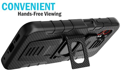 Nakedcellphone Rugged Combo for Galaxy XCover 7 Pro Case - Carbon Fiber | Hybrid Cover + Belt Clip Holster, Rotating Phone Holder, Ring Grip, with Kickstand, For XCover7 Pro (2025, SM-G766) - color: Carbon Fiber