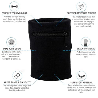 Suddora Zipper Wrist Pouch - Sweatband/Wristband Wallet for Keys, ID, Cards, Cash - color: Black
