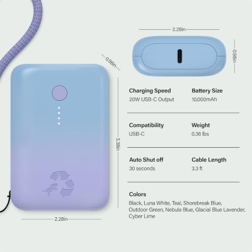 Nimble Champ Portable Charger, 10000mAh Power Bank, 20W Dual USB-C Charging - color: Glacial Blue Lavender