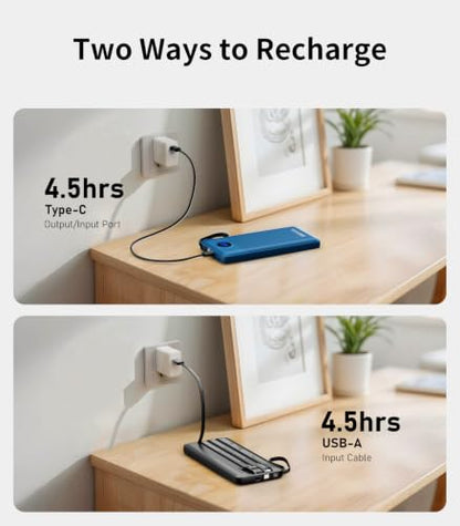 Portable Charger Built in 4 Cables, 10000mAh Power Bank, Black&Blue