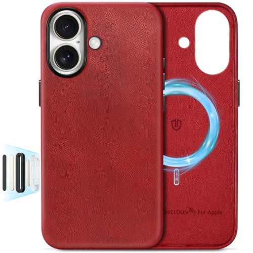 SHIELDON Genuine Leather Case for iPhone 17 6.3" 2025, Retro Red | Compatible with MagSafe, Magnetic Wireless Charging, Camera Button, Metal Buttons, Camera Bezel, Slim, Shockproof, Women Men - color: Retro Red, size: for iPhone 17