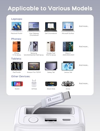 RORRY Laptop Power Bank, 25000mAh 65W Portable Charger Retractable Cables - color: White