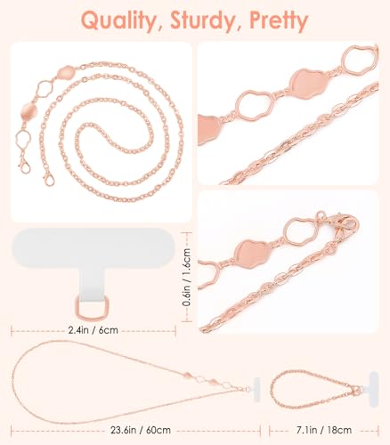 MoKo Metal Phone Crossbody Chain Lanyard with Wrist Strap and 2 Patches - color: Rose Gold
