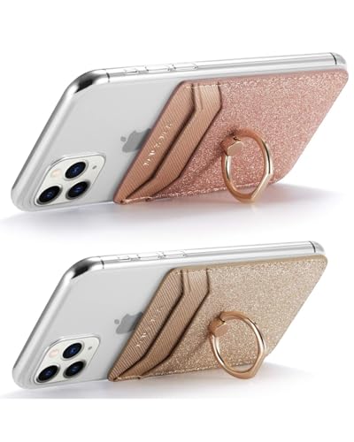 2Pcs RFID Phone Wallet Stick on Back of Phone Card Holder with Ring | Gold+Rosegold Glitter Sticky Phone Wallet for Credit Card/IDs/Pocket, Adhesive Phone Card Holder for iPhone, Videos - color: RoseGold Glittering