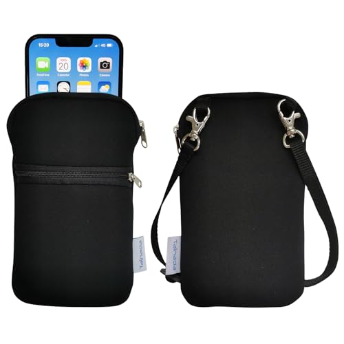 Tainada Neoprene Small Crossbody Zipper Neck Cellphone Case Pouch (Black) | Mini Neoprene Dual Zip Wallet Purse Bag; Water-Resistant, Shockproof, Lightweight; Adjustable & Detachable Lanyard Strap - color: Black