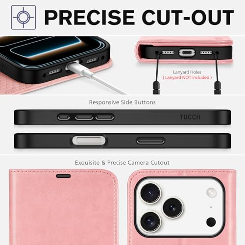 TUCCH Wallet Case for iPhone 17 Pro (6.3") 2025, 4 Card Holders, Rose Gold | RFID Blocking, Viewing Stand, Shockproof TPU Shell, PU Leather, Magnetic Closure, Protective Folio Flip Cover - color: Rose Gold