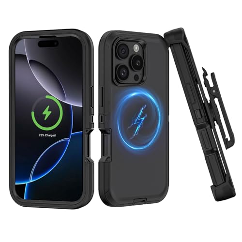 Compatible with iPhone 16 Pro Max Case, with Belt Clip Holster Heavy Duty Magnetic Wireless Charging Full Body Protection Kickstand Cover for iPhone 16 Pro Max 6.9 inch Phone（Black - color: Black
