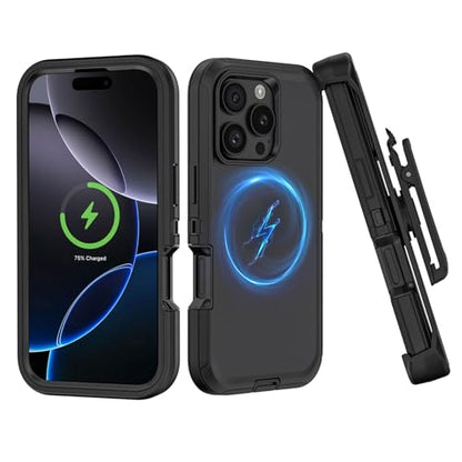 Compatible with iPhone 16 Pro Max Case, with Belt Clip Holster Heavy Duty Magnetic Wireless Charging Full Body Protection Kickstand Cover for iPhone 16 Pro Max 6.9 inch Phone（Black - color: Black