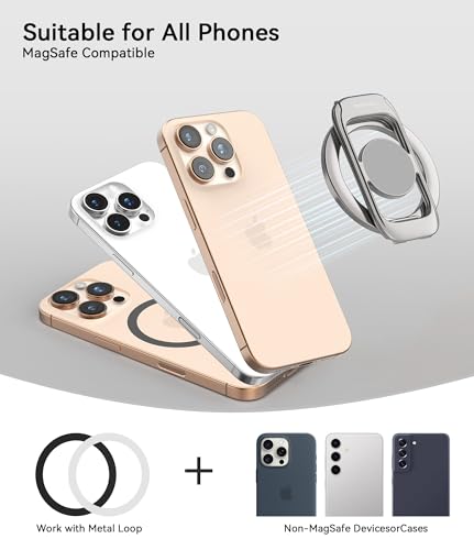Magnetic Phone Ring Holder for MagSafe Phone Grip & Kickstand, Strong Dual-Sided Magnets Compatible with MagSafe Car Mount Gym for iPhone 17/16 Pro Max 15/14/13/12 and Android Phone Cases (Titanium) - color: Titanium