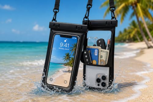 Waterproof Phone Pouch 2 Pack, Floating Dry Bag with Large Storage Pocket, IPX8 Waterproof Case Fits iPhone 16/15/14 Pro Max & Samsung, Touch Screen for Beach, Swimming, Kayaking & Cruise Black