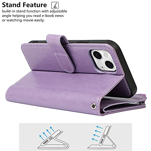 iCoverCase Compatible with iPhone 13 Wallet Phone Case with Card Holder, PU Leather Zipper Pocket Magnetic Detachable Flip Case with Wrist Strap (Purple) - color: Detachable--Purple