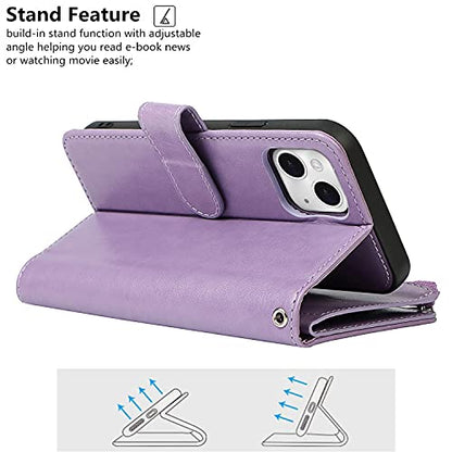 iCoverCase Compatible with iPhone 13 Wallet Phone Case with Card Holder, PU Leather Zipper Pocket Magnetic Detachable Flip Case with Wrist Strap (Purple) - color: Detachable--Purple