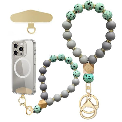 Silicone Beaded Phone Wrist Strap, Phone Bracelet Strap with Tether Tab Elastic Hands Free Wristlet Strap - color: Greenpiece