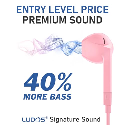 LUDOS FEROX 2 Pack Wired Earbuds in-Ear Headphones, 5 Year Warranty, Earphones with Microphone, Noise Isolation for 3.5mm Jack Ear Buds for iPhone, Samsung, Laptop, Kids, School Students - Pink - color: Pink