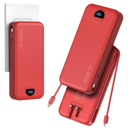 Portable Charger Power Bank 20000mAh with Built in Cables & Wall Plug - color: Red