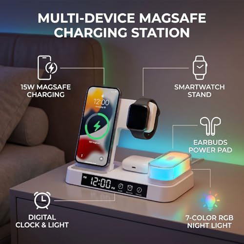 ASHATA 4 in 1 Wireless Charging Station 3 in 1 Stand with Digital Alarm Clock 7 Color Night Light for Phone Watch Earbuds (White) - color: White