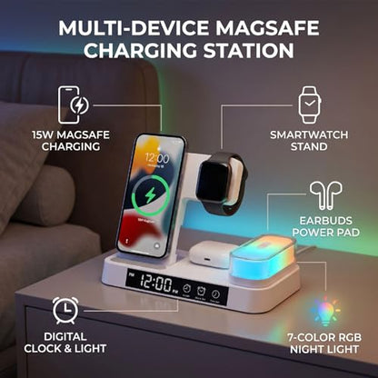 ASHATA 4 in 1 Wireless Charging Station 3 in 1 Stand with Digital Alarm Clock 7 Color Night Light for Phone Watch Earbuds (White) - color: White