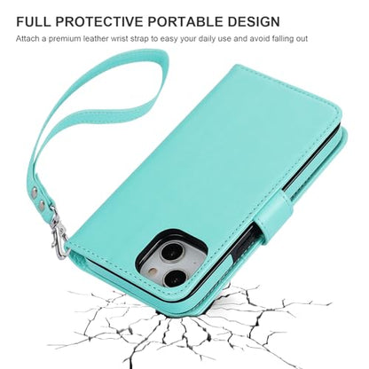 Bocasal Detachable Wallet Case Card Holder for iPhone 14, Light Blue | RFID Blocking Kickstand Card Slots Holder PU Leather Magnetic Shockproof Wrist Strap Removable Flip Protective Cover 6.1 inch - color: Light Blue