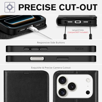 TUCCH Wallet Case for iPhone 17 Pro (6.3") 2025, 4 Card Holders, Black | RFID Blocking, Viewing Stand, Shockproof TPU Shell, PU Leather, Magnetic Closure, Protective Folio Flip Cover - color: Black