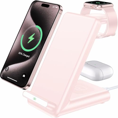 Wireless Charging Station,3 in 1 Charging Stand for Apple Multiple Devices - color: Pink