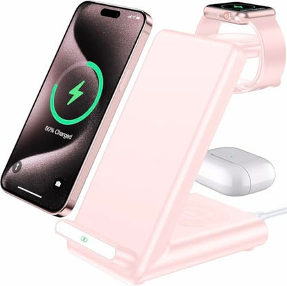 Wireless Charging Station,3 in 1 Charging Stand for Apple Multiple Devices - color: Pink
