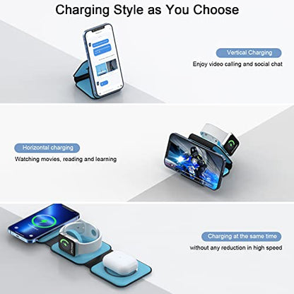 3 in 1 Wireless Charging Station for Apple,Foldable Magnetic Travel Charger - color: ice blue